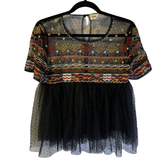 Black and Multicolor Embroidered Women's Top - Picture 1 of 8